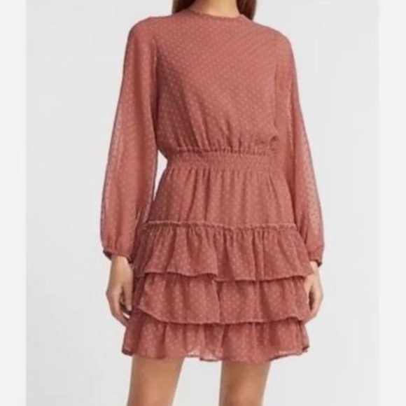 Express Blue Clip Dot Tiered Smocked Waist Long Sleeve A-Line Dress SIZE XL - Picture 6 of 6